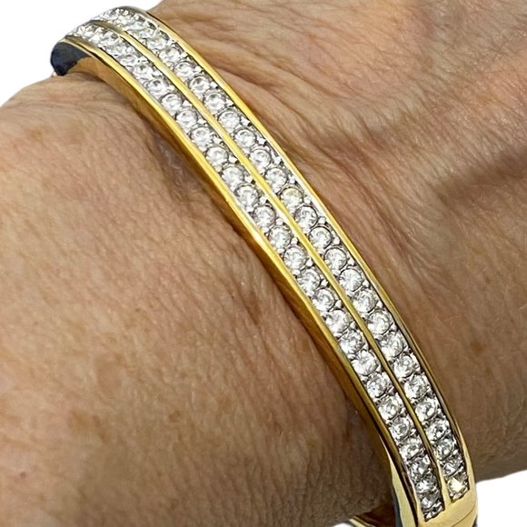 (3-085) Shiny Costume Gold Bracelet with Two Rows of Rhinestones - Picture 4 of 7